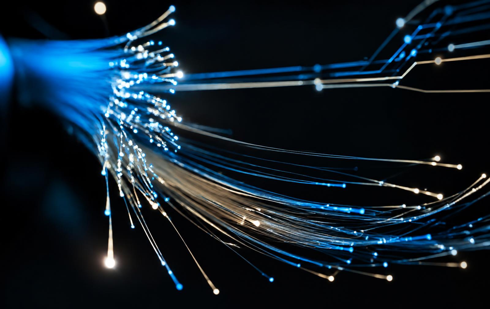 Abstract strands of fibre-optic light branching into circuit-like lines