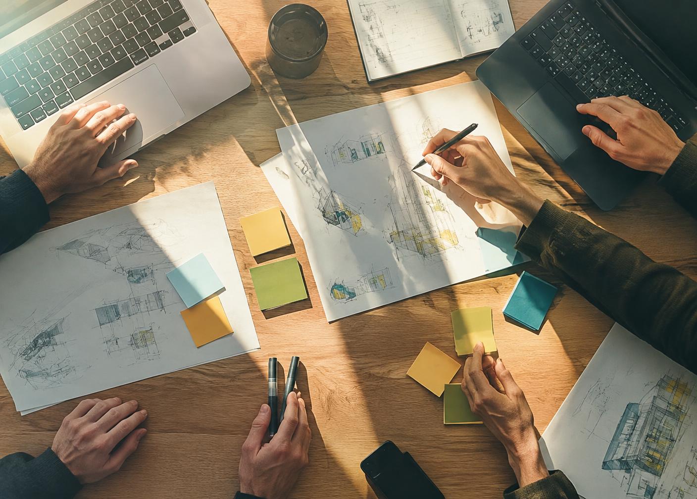 Illustrative image of hands working with laptops, sketches and sticky notes on a table